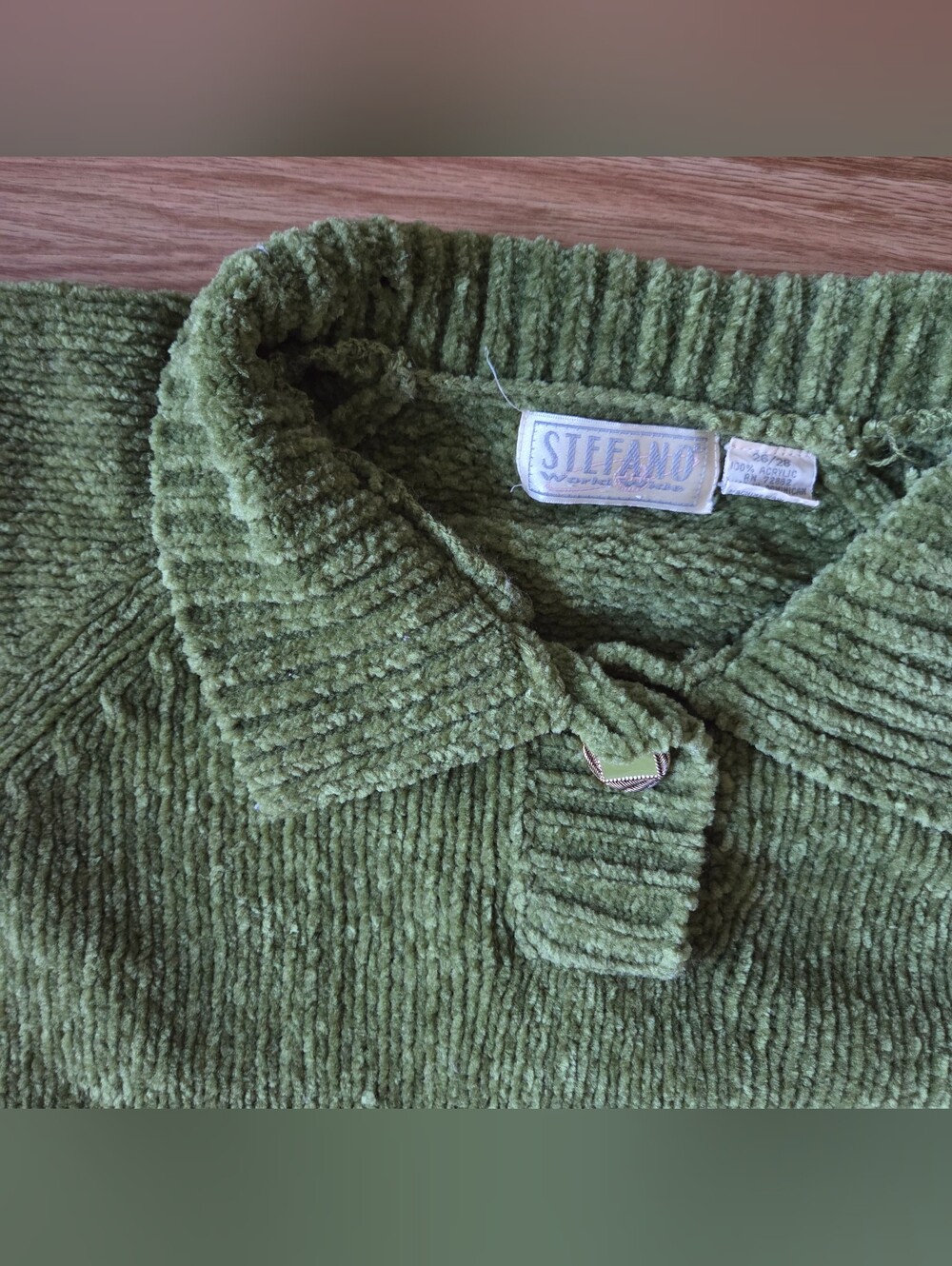 Stefano Ricci Olive Green Chenille Pullover Sweater with Button Collar - Picture 2 of 4